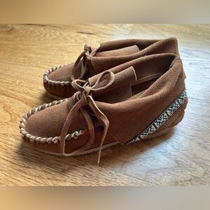 Brown Suede Moccasins with Patterned Trim